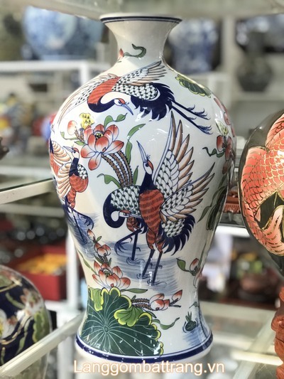 Bình gốm tài lộc chim hạc 