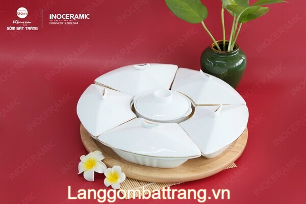 Khay mứt sứ trắng viền chỉ vàng