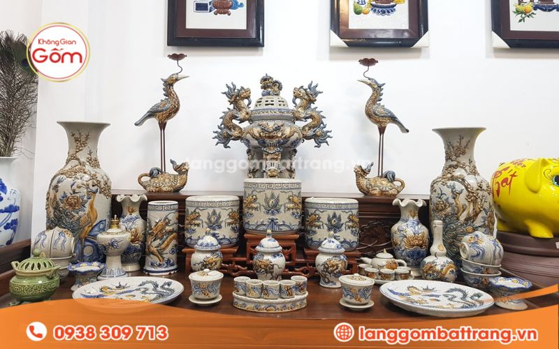 Bộ đồ thờ phong thuỷ gốm Bát Tràng men rạn đắp nổi
