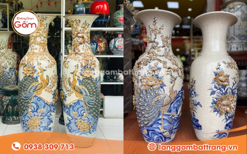 Lộc bình gốm Bát Tràng công mẫu đơn đắp nổi
