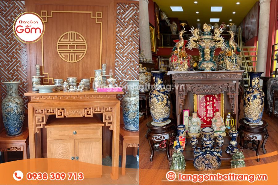 Lộc bình gốm Bát Tràng trang trí bàn thờ gia tiên, bàn thờ ông Địa