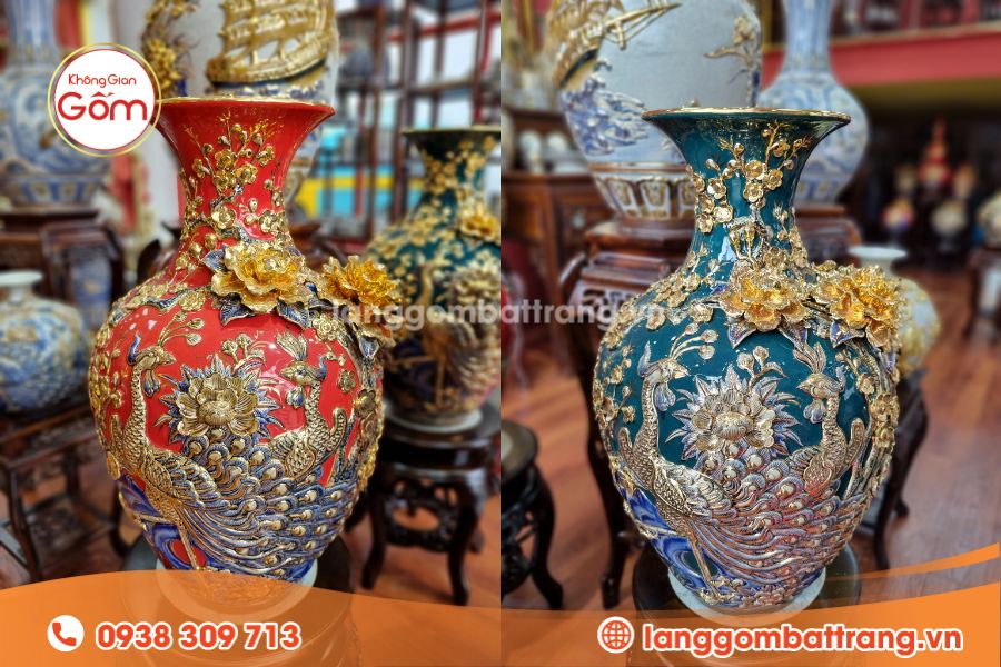 Bình hoa Công Đào men đỏ, men xanh lục