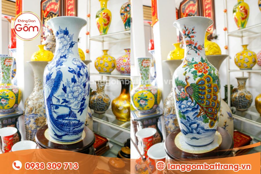 Bình hoa gốm Bát Tràng vẽ chim Phượng, chim Công