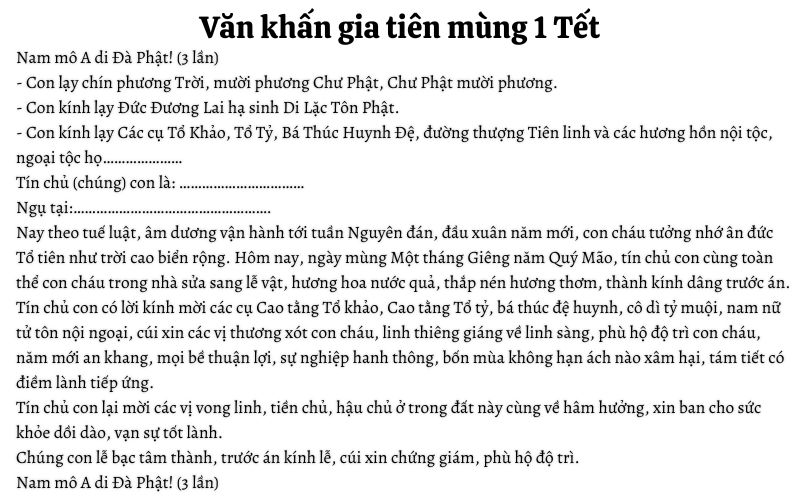 Mẫu văn khấn bàn thờ gia tiên mùng 1 Tết